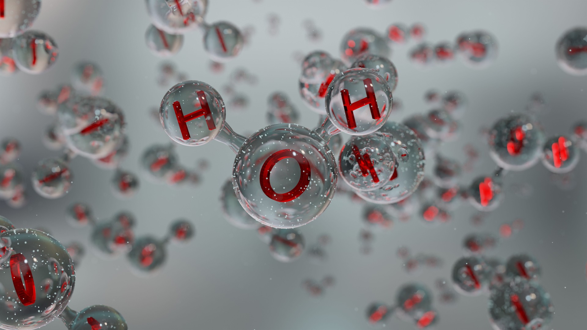 Water molecules, Molecular chemical formula H2O, odorless, Ball and Stick chemical structure model, Macro Liquid Bubbles, particles inside droplet, 3d render